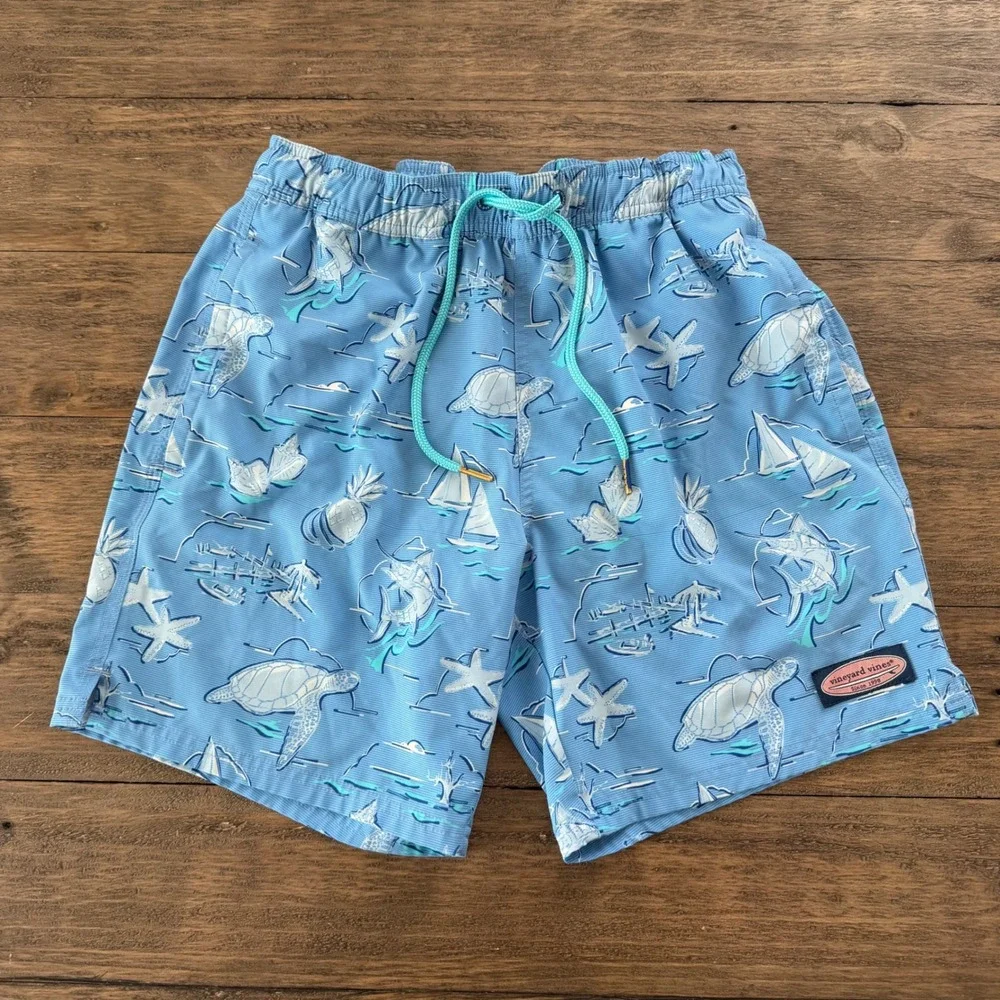 Vineyard Vines Mens XS Blue Sea Life Turtle Marlin Chappy Swim Trunks 7in Inseam
